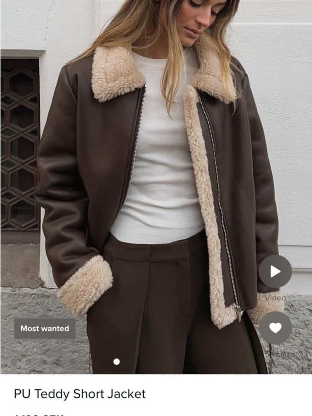 Faux Shearling-Trim Teddy Jacket in Brown and Cream